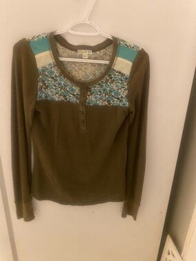 Roxy Olive and Teal Long Sleeve Henley with Floral Yoke